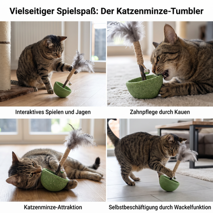Zahnpflegendes Katzenminze-Tumbler-Katzenspielzeug – Interaktiver Feder-Teaser mit Glöckchen