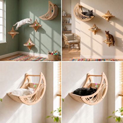 Modernes Katzen-Kletterwand-Set aus Holz mit Mond- & Stern-Design inklusive Liegefläche