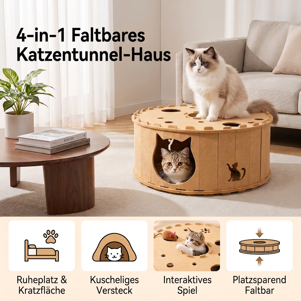 4-in-1-faltbares Katzen-Tunnelhaus – Interaktives Versteck, Kratzbaum und Spielbett