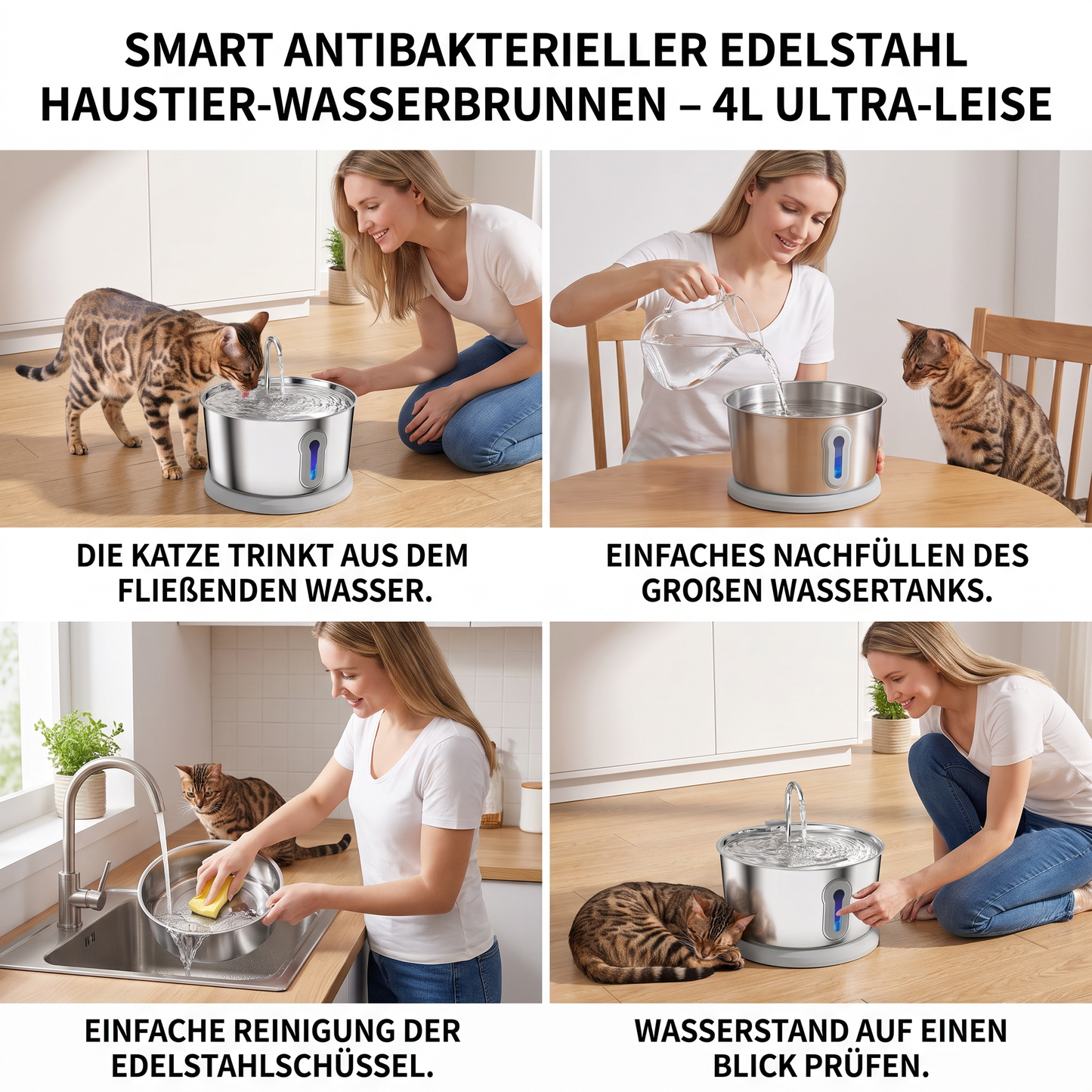 Intelligenter, antibakterieller Trinkbrunnen aus Edelstahl für Haustiere – 4 l, extrem leise, für eine bessere Flüssigkeitszufuhr und Gesundheit Ihres Haustieres