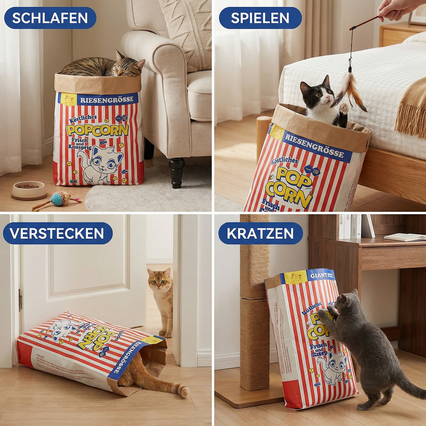 Katzen Schlaf & Spiel Karton Popcorn Tüte
