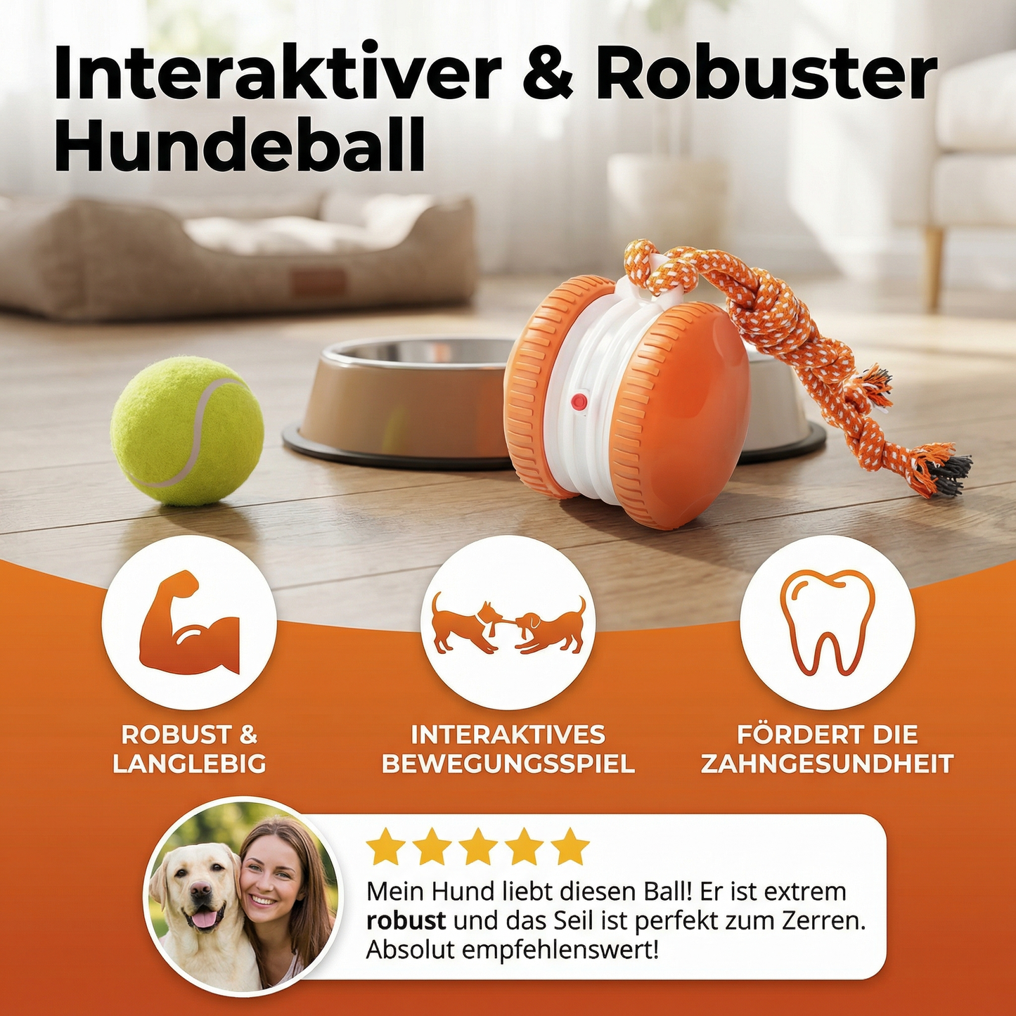 Interaktiver & Robuster Hundeball – Bewegungsspielzeug mit Zugseil in Hundefarben