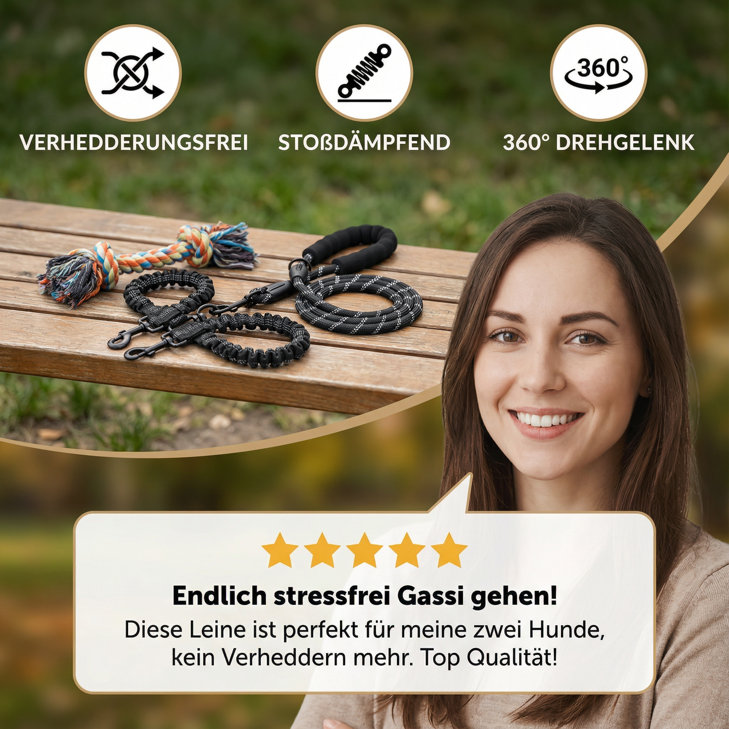 2-in-1 Hunde-Doppelleine mit 360° Drehgelenk – Verhedderungsfrei & Stoßdämpfend