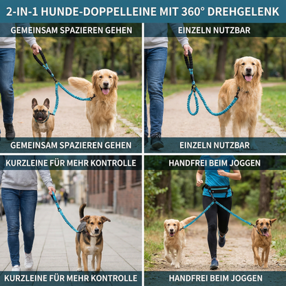 2-in-1 Hunde-Doppelleine mit 360° Drehgelenk – Verhedderungsfrei & Stoßdämpfend